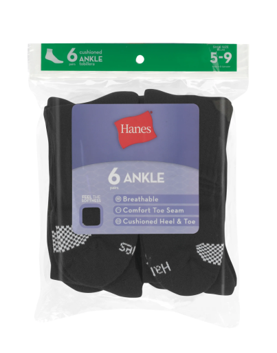 hanes women's breathable cushioned ankle socks comfort toe seam 6-pairs 681V6