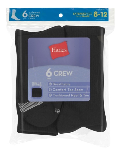 hanes women's breathable cushioned crew socks comfort toe seam extended sizes 8 - 12 6-pairs women Hanes