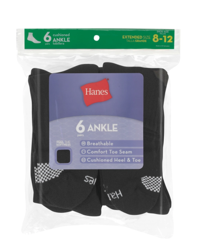 hanes women's breathable cushioned ankle socks comfort toe seam extended sizes 8 - 12 6-pairs women Hanes
