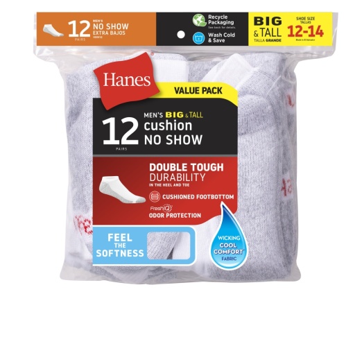 hanes double tough men's no show socks, shoe sizes 12-14, 12-pairs men hanes