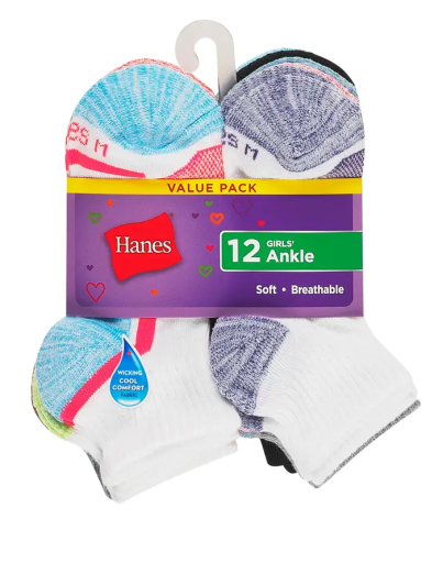 hanes girls’ cool comfort® ankle socks 12-pack youth Hanes