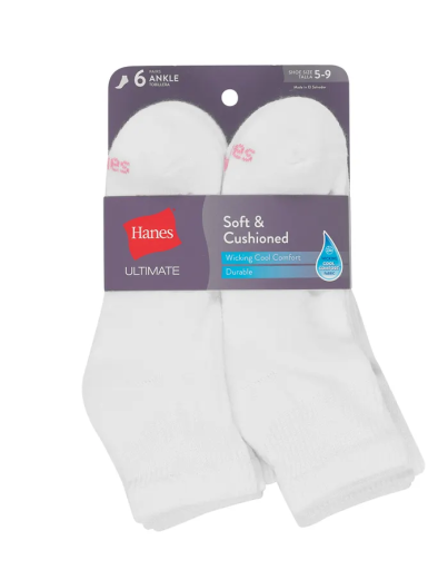 hanes ultimate women's ankle socks, cushioned, 6-pairs women hanes