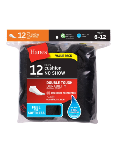 hanes double tough men's no-show socks shoe sizes 6-12 12-pairs men Hanes