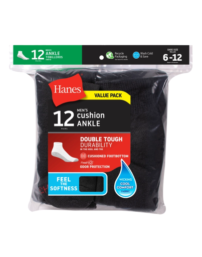 hanes double tough men's ankle socks shoe sizes 6-12 12-pairs men Hanes