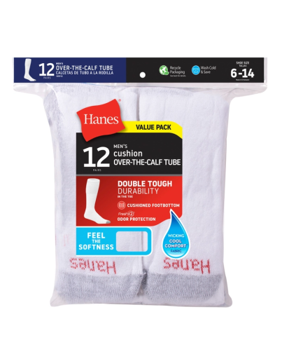 hanes double tough men's over-the-calf tube socks shoe sizes 6-12 12-pairs men Hanes
