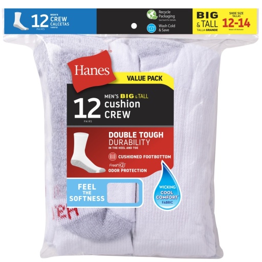 hanes double tough men's crew socks, shoe sizes 12-14, 12-pairs 144V12