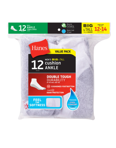 hanes double tough men's ankle socks, shoe sizes 12-14, 12-pairs men hanes