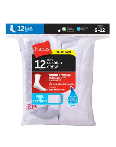 hanes double tough men's crew socks shoe sizes 6-12 12-pairs 121522