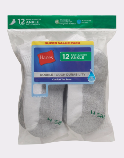 hanes double tough boys' cushion ankle socks 12-pairs youth Hanes