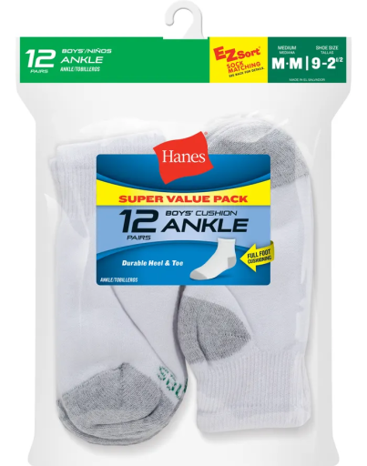 hanes double tough boys' cushion ankle socks, 12-pairs youth hanes