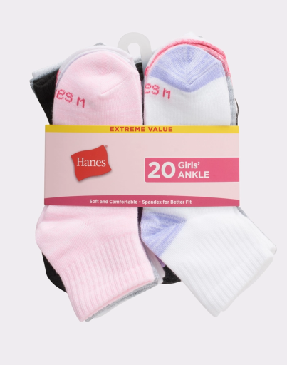 hanes girls' ankle socks, super value pack, 20-pairs youth hanes