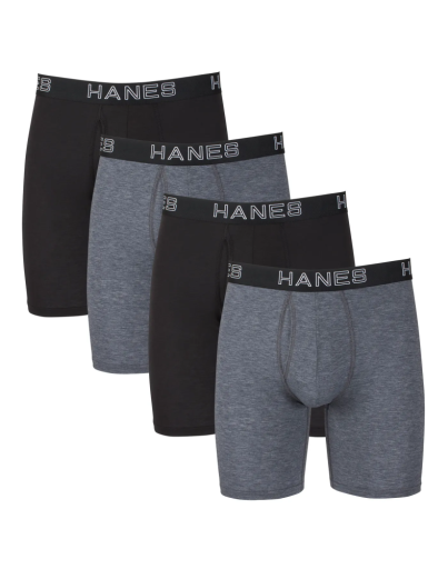 hanes ultimate comfort flex fit total support pouch men's long leg boxer brief underwear, black/grey, 4-pack men hanes