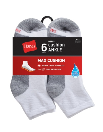 hanes double tough men's ankle socks, max cushion, 6-pairs men hanes
