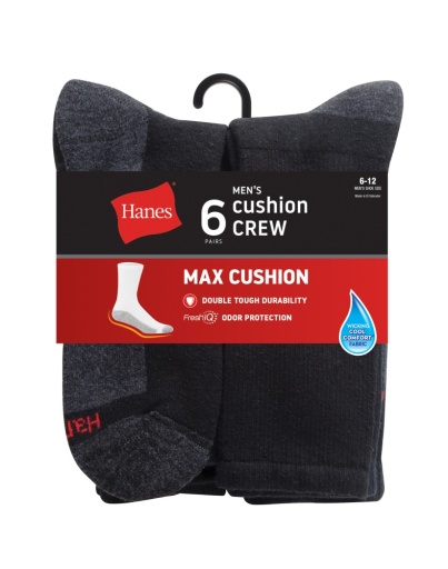 hanes double tough men's crew socks, max cushion, 6-pairs men hanes