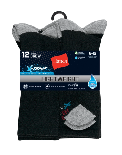 hanes x-temp men's lightweight crew socks, shoe sizes 6-12, 12-pairs men hanes