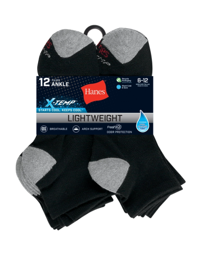 hanes x-temp men's lightweight ankle socks, shoe sizes 6-12, 12-pairs men hanes