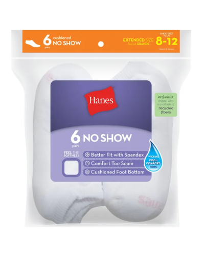 hanes women's no-show socks, moisture-wicking, extended sizes 8-12, 6-pairs women hanes