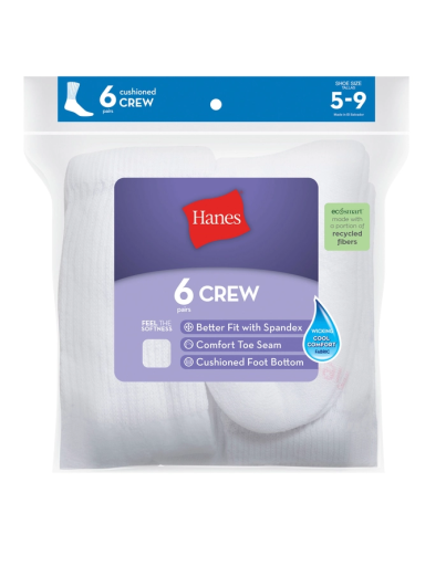 hanes women's crew socks, moisture-wicking, 6-pairs women hanes