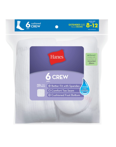 hanes women's crew socks, moisture-wicking, extended sizes 8-12, 6-pairs women hanes