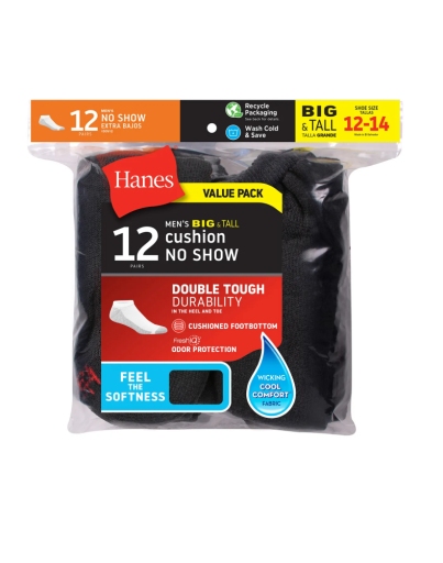 hanes double tough men's no show socks, shoe sizes 12-14, 12-pairs men hanes