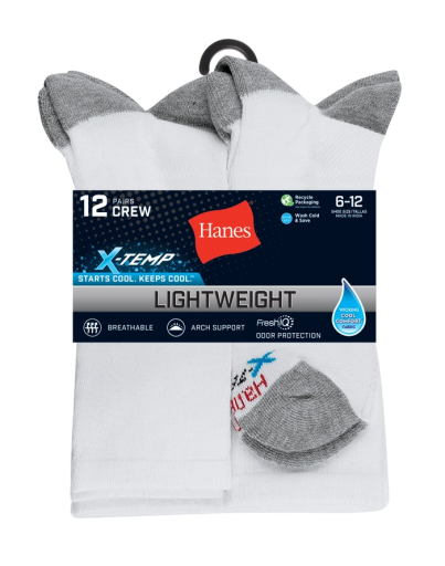hanes x-temp men's lightweight crew socks shoe sizes 6-12 12-pairs men Hanes