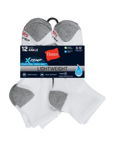 hanes x-temp men's lightweight ankle socks shoe sizes 6-12 12-pairs men Hanes