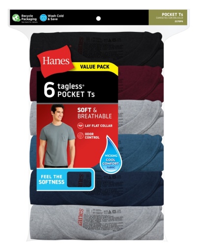 hanes men's pocket t-shirt pack, moisture-wicking cotton with odor control, 6-pack men Hanes